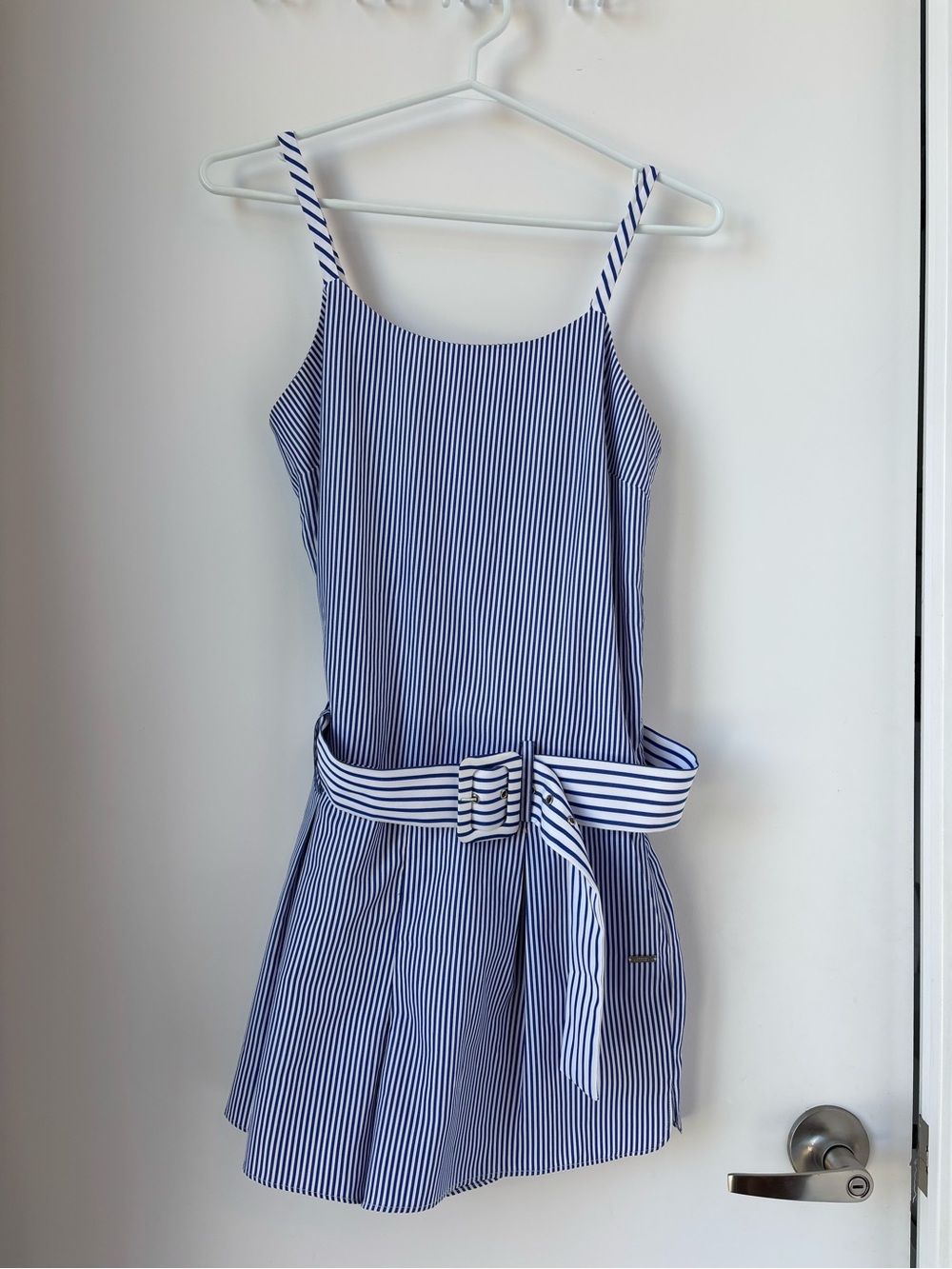 Armani Exchange Blue & White Striped Jumpsuit Romper with Self-Tie Belt